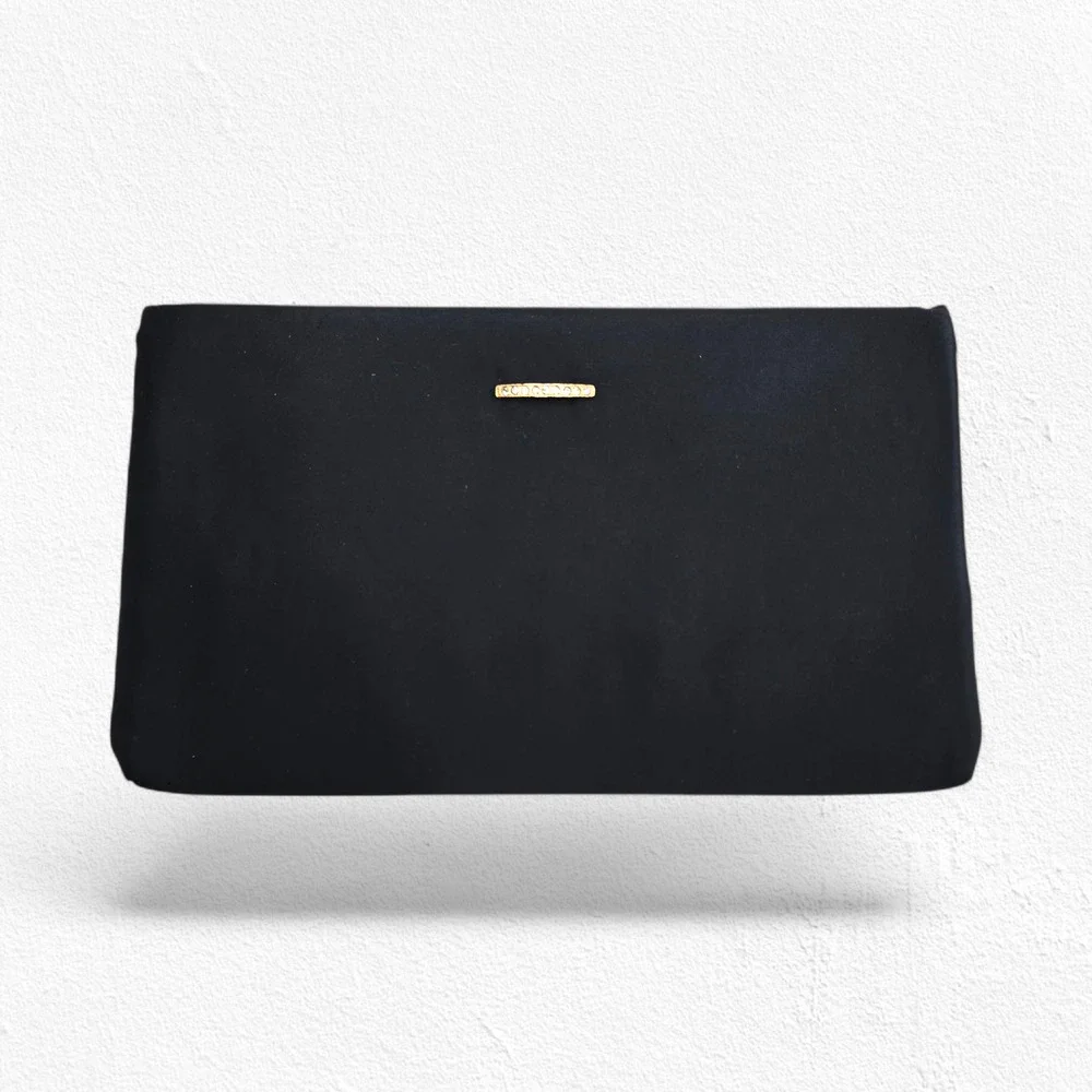 Vintage Matte Black Satin Kiss Lock Clutch Rhinestone Bar USA Evening Formal Bag